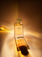 A clear rectangular perfume bottle with a gold cap and a front label reading 'OUD HERTAGE DUBAI', filled with pale golden liquid, photographed on a warm brown background with dramatic light streaks and reflections.